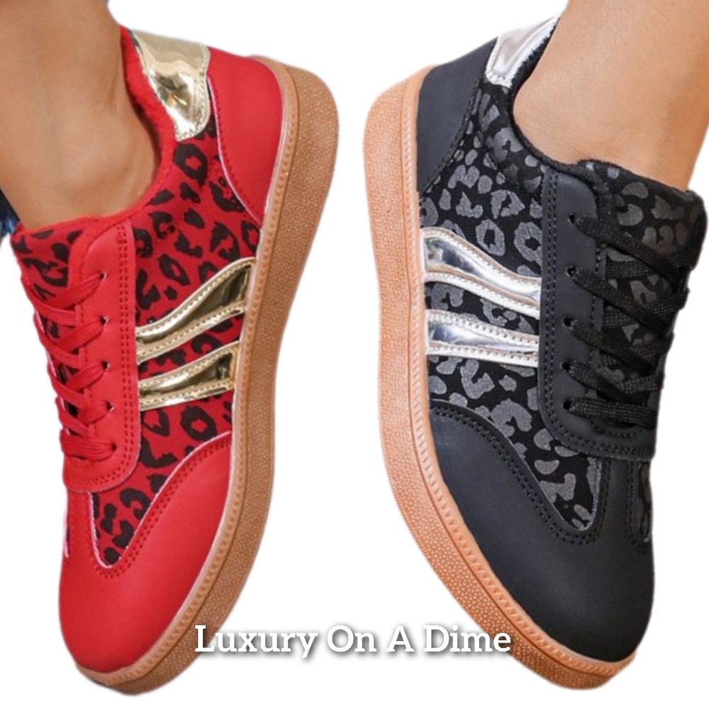 Contrasting Leopard Metallic Lace-up Sneakers Faux Leather Flat Athletic Shoes - Picture 7 of 8